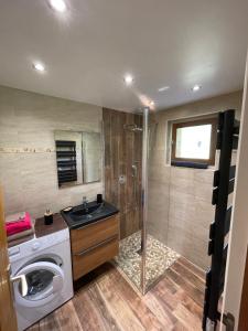 a bathroom with a washing machine and a shower at Chalet Chez Gaby 2 in Morzine