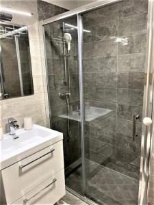 a bathroom with a glass shower and a sink at Apartman Ines in Rijeka