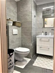 La salle de bains est pourvue de toilettes et d'un lavabo. dans l'établissement Apartman Ines, à Rijeka