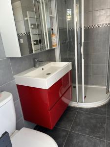 uma casa de banho com um lavatório vermelho e um chuveiro em Chez brigitte em Châtillon-sur-Marne
