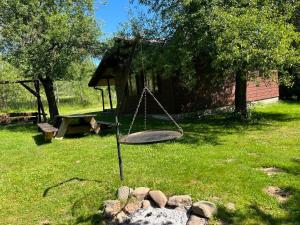 a swing in the grass in a yard at Bieszczady Domki w Dolinie Sanu in Zatwarnica