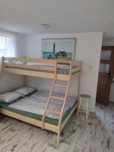 a bunk bed with a ladder in a room at Boszkowo Domki-Stonki in Boszkowo