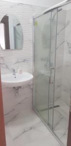 W łazience znajduje się szklana kabina prysznicowa i umywalka. w obiekcie Casa Sura Sasilor w Sybinie