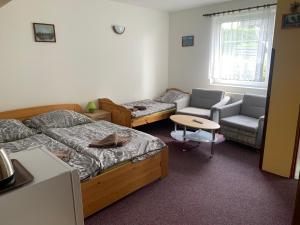 Zimmer mit 2 Betten, einem Sofa und einem Tisch in der Unterkunft Penzion Irena in Strážné