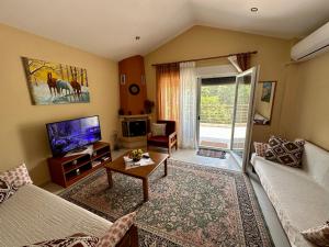 a living room with a couch and a tv at Hilltop Lodge Orma in Orma