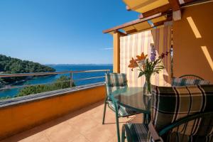 een balkon met een glazen tafel en uitzicht op de oceaan bij Apartmani Frka in Sali