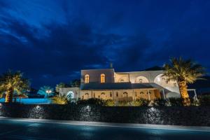 a large white building with palm trees at night at Blue Life Hotel in Emboríon