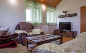 een woonkamer met 2 stoelen en een televisie bij Moticki Gaj Cottage in Žabljak