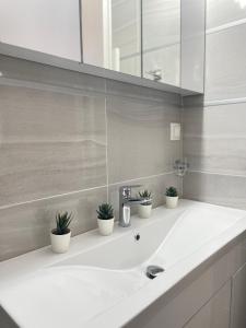 a bathroom with a sink with potted plants on it at Aiginetan Apartments in Egina