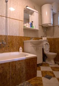 een badkamer met een bad, een toilet en een wastafel bij Moticki Gaj Cottage in Žabljak