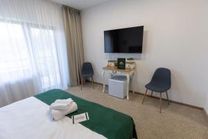 um quarto de hotel com uma cama, uma secretária e uma televisão em Vale Humor Residence em Manastirea Humor