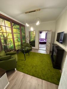 a living room with green furniture and a green rug at Emerald Apartament in Chernivtsi