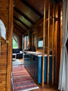 a kitchen in a log cabin with a rug at Noveli Tiny House in Ardeşen