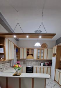 una cucina con piano di lavoro bianco e fiori di Voula's Apartment a Elafónisos