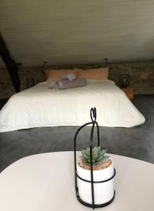 a bedroom with a bed with a potted plant on a table at Le Domaine de la Claire Fontaine gites & chambres d'hôtes avec spas privatifs in Montvalent