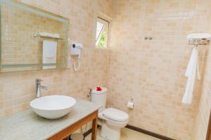 a bathroom with a sink and a toilet and a mirror at Jonc d'Or Villa Self Catering in La Digue