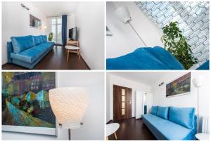 un collage de fotos de una sala de estar con muebles azules en Hello Apartments River View 5 bedrooms VERY BIG 100 m2 en Gdansk