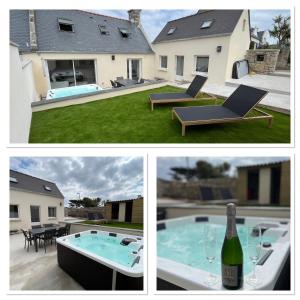 a collage of pictures of a house with a pool and a bottle of wine at Maison de charme avec jacuzzi - Bretagne / île de Batz in Île de Batz