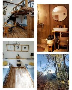 un collage di tre immagini di una camera da letto e di una stanza di Apartamenty u Janka a Krynica-Zdrój