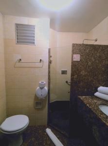 a bathroom with a toilet and a sink and a shower at César Inn Juiz de Fora Hotel in Juiz de Fora