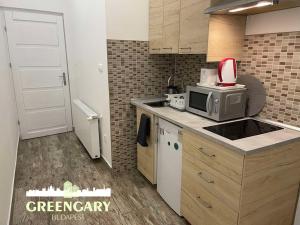 ブダペストにあるGreengary Budapest apartmentsのキッチン(電子レンジ、カウンタートップ付)