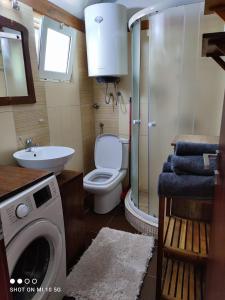 a bathroom with a toilet and a sink and a washing machine at Apartmani Fortunela in Sveti Stefan