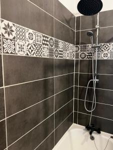 bagno con doccia e piastrelle sul muro di Douai 2: joli appartement face à la gare a Douai