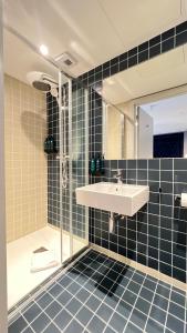 a bathroom with a sink and a shower at Merrion Square Studios in Dublin