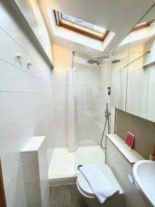 a bathroom with a shower and a toilet and a sink at Stylish 2-bedroom Townhouse next to Brighton Station in Brighton & Hove