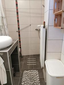 y baño con ducha, aseo y lavamanos. en Patrik apartman en Székesfehérvár