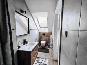 a bathroom with a sink and a toilet at Zacisze in Karczmiska