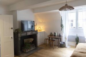 een woonkamer met een open haard, een tv en een tafel bij Charmant cocon centre historique in Besançon