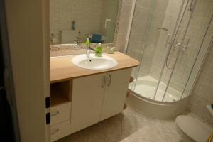 a bathroom with a sink and a shower and a toilet at Ferienwohnung Reese- Horstmann mit Hallenbad und Sauna, WLAN "Harz zu jeder Jahreszeit" in Bad Harzburg +55 photos