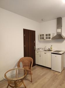 uma cozinha com uma mesa de vidro, uma cadeira e um balcão em Kamionka em Sopot