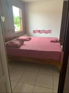 Un dormitorio con una cama con sábanas moradas y una ventana en Espaces Zens&Stimulants grand confort 3ch 3sdb Espaces Jardin Cuisines Sport & Baignade, en Cayenne