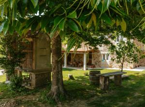 una casa con una mesa de picnic y un árbol en A Quinta Das Maceiras 