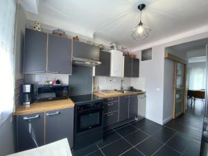 a kitchen with gray cabinets and a black stove top oven at La barthe in Biarritz
