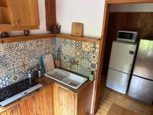 een keuken met een koelkast en een laptop op een aanrecht bij Józka Chata max 15 os sauna in Porąbka