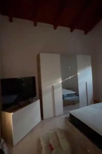 a bedroom with a bed and a tv and a mirror at Appartamento moderno con 2 camere grandi e lavanderia in Brescello