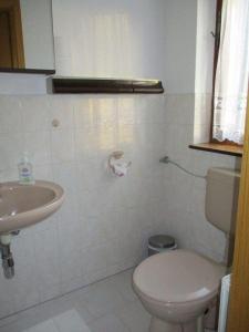 La salle de bains est pourvue de toilettes et d'un lavabo. dans l'établissement Ferienhaus-der-Familie-Demmler, à Crottendorf