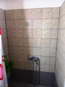 a shower with a hose in a tiled bathroom at Valaoritou Apartment in Lefkada