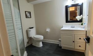 un bagno con un water, un lavandino e uno specchio di Spacious and bright unit with natural light. a Pickering