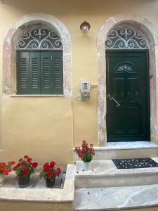 two green doors on a building with flowers on the steps at Angolo del Centro in Ágios Rókkos