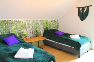 1 dormitorio con 2 camas con sábanas moradas y verdes en BetullaHouse, en Nakielno