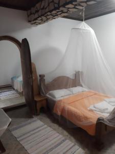 1 dormitorio con 1 cama con mosquitera en Casa cu flori Murighiol, en Murighiol