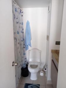 a bathroom with a toilet with a blue shower curtain at Lindo departamento Estación Central) in Santiago