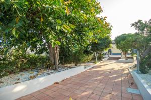 a brick sidewalk with trees and a building at Royal Playa Suite and Apartament -private parking- self chek out in Catania