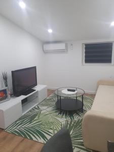 a living room with a couch and a tv and a table at MB Apartman in Čapljina
