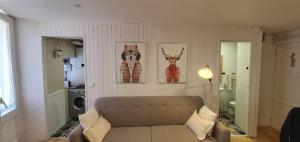 un soggiorno con divano e 3 immagini sul muro di APARTAMENTO CON ENCANTO TÍPICO CERETÀ Centro a Puigcerdà