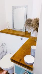 ein Badezimmer mit einem WC und einem Spiegel auf der Theke in der Unterkunft 2 Bed Apartment with Free Parking in Chelmsford